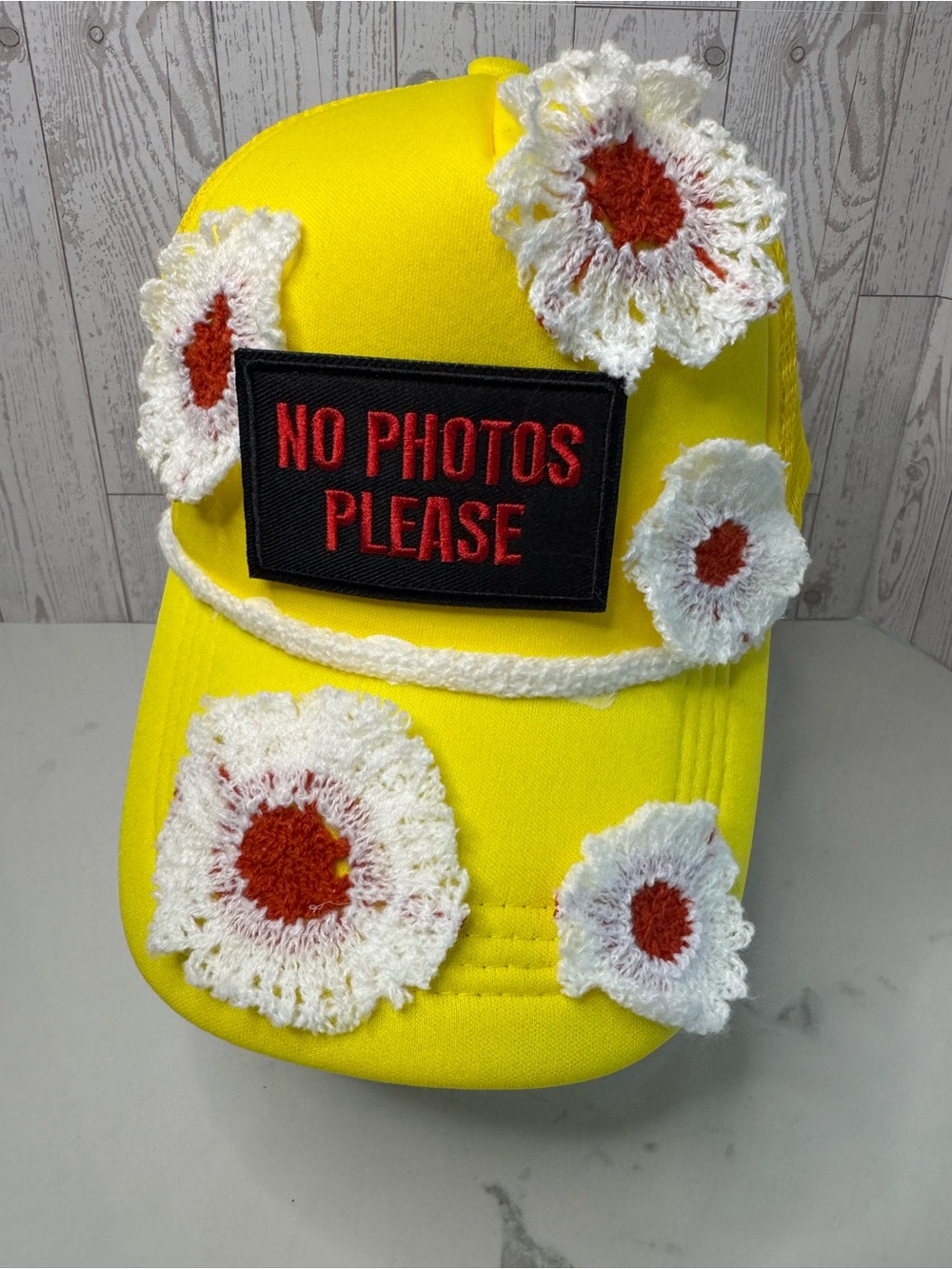 Yellow 'No Photos Please' Daisy Patch Cap